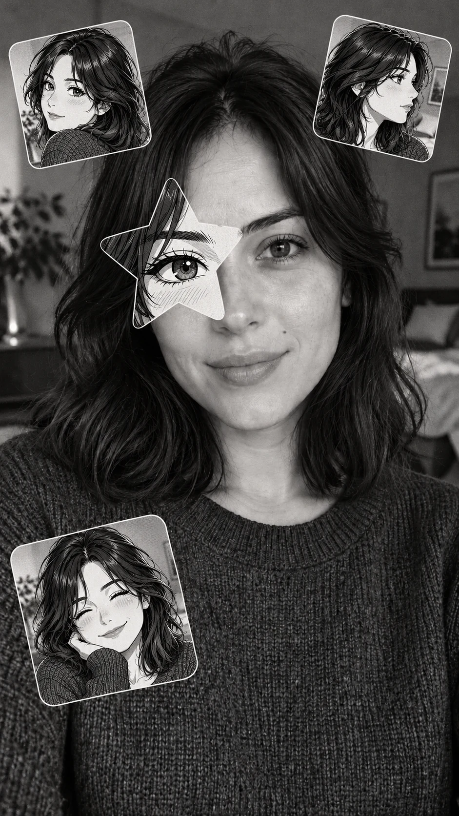 Monochrome selfie with a manga-style star eye and black-and-white stickers