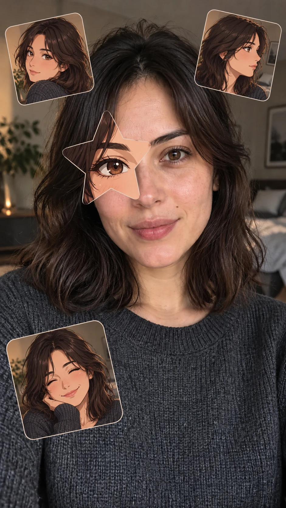 Star-shaped anime eye over one photographic eye, with three different portraits of the same anime twin around the person.